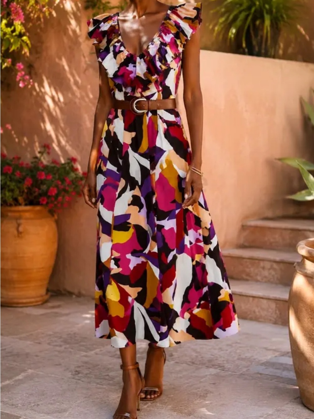 Zara Multicolor Ruffled V-Neck Midi Dress with Belt - Picture 2 of 7